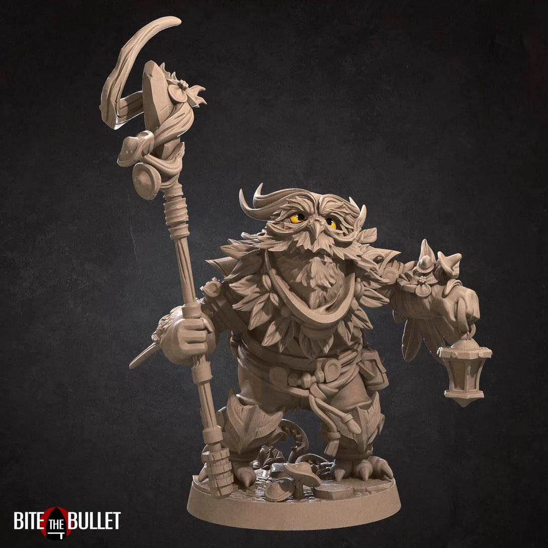 Owlfolk Druid | Bite the Bullet | 35mm Bite the BulletEin detailliertes Foto einer 3D-gedruckten Tabletop-Miniatur.  Die Figur steht in einer dynamischen Pose auf einem runden Sockel. Die Miniatur zeigt feine Details wie Verzierungen auf der Rüstung und einen entschlossenen Gesichtsausdruck. Die Oberfläche ist glatt und zeigt die Präzision des 3D-Drucks."