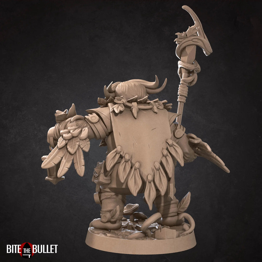 Owlfolk Druid | Bite the Bullet | 35mm Bite the BulletEin detailliertes Foto einer 3D-gedruckten Tabletop-Miniatur.  Die Figur steht in einer dynamischen Pose auf einem runden Sockel. Die Miniatur zeigt feine Details wie Verzierungen auf der Rüstung und einen entschlossenen Gesichtsausdruck. Die Oberfläche ist glatt und zeigt die Präzision des 3D-Drucks."