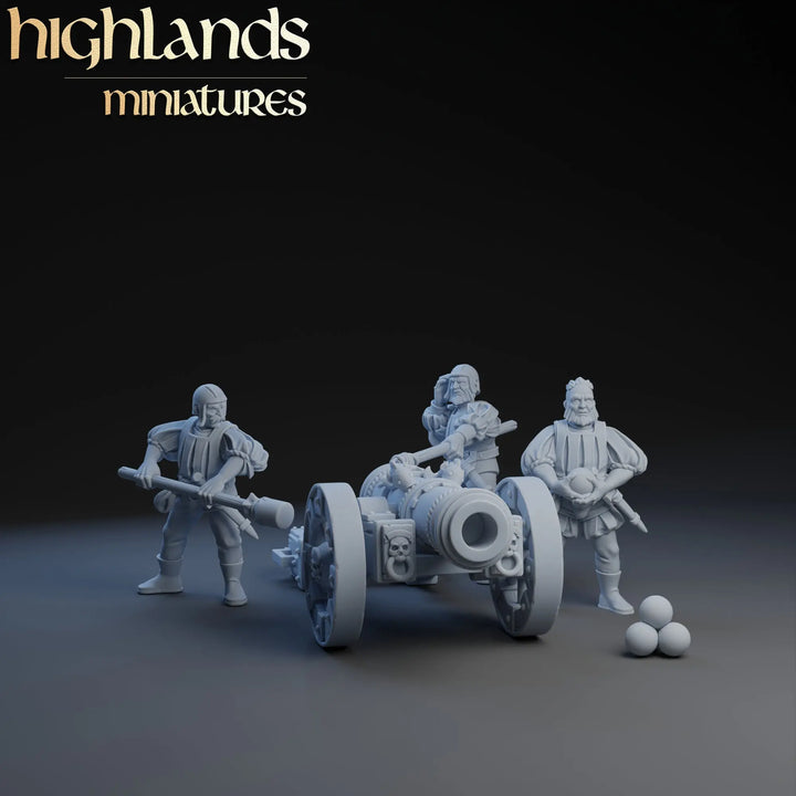 Sunland Great Cannon | Highlands Miniatures | 32mm Highlands MiniaturesEin detailliertes Foto einer 3D-gedruckten Tabletop-Miniatur.  Die Figur steht in einer dynamischen Pose auf einem runden Sockel. Die Miniatur zeigt feine Details wie Verzierungen auf der Rüstung und einen entschlossenen Gesichtsausdruck. Die Oberfläche ist glatt und zeigt die Präzision des 3D-Drucks."