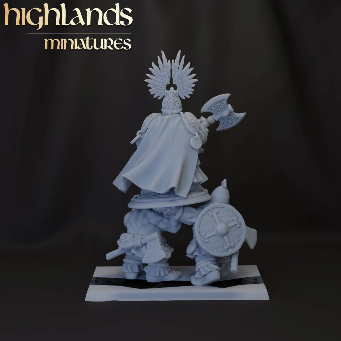King Ulric of Thrym-Heim | Highlands Miniatures | 32mm Highlands MiniaturesEin detailliertes Foto einer 3D-gedruckten Tabletop-Miniatur.  Die Figur steht in einer dynamischen Pose auf einem runden Sockel. Die Miniatur zeigt feine Details wie Verzierungen auf der Rüstung und einen entschlossenen Gesichtsausdruck. Die Oberfläche ist glatt und zeigt die Präzision des 3D-Drucks."