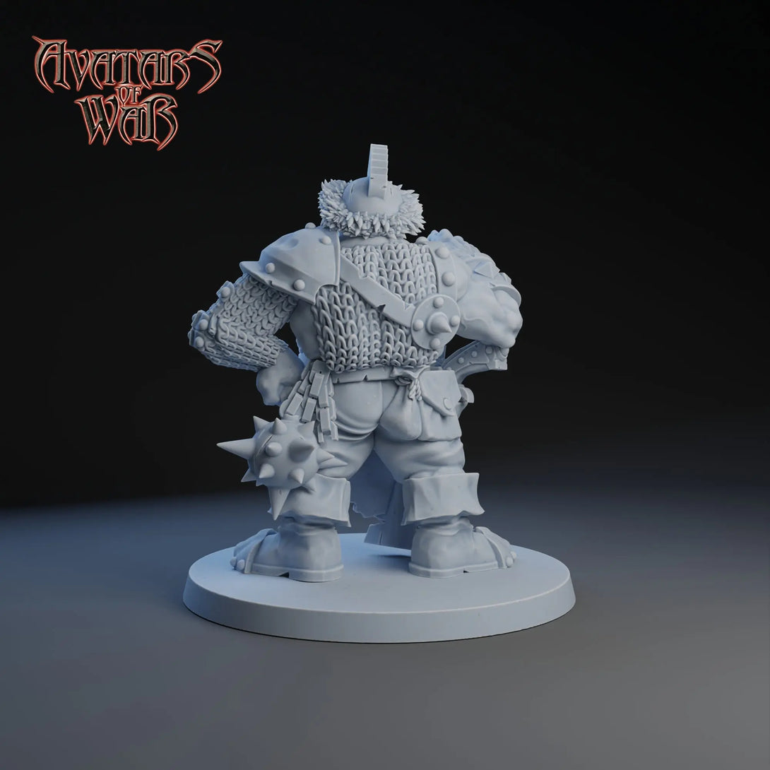 Ogre Mercenary Captain | Avatars of War | 32mm Avatars of WarEin detailliertes Foto einer 3D-gedruckten Tabletop-Miniatur.  Die Figur steht in einer dynamischen Pose auf einem runden Sockel. Die Miniatur zeigt feine Details wie Verzierungen auf der Rüstung und einen entschlossenen Gesichtsausdruck. Die Oberfläche ist glatt und zeigt die Präzision des 3D-Drucks."