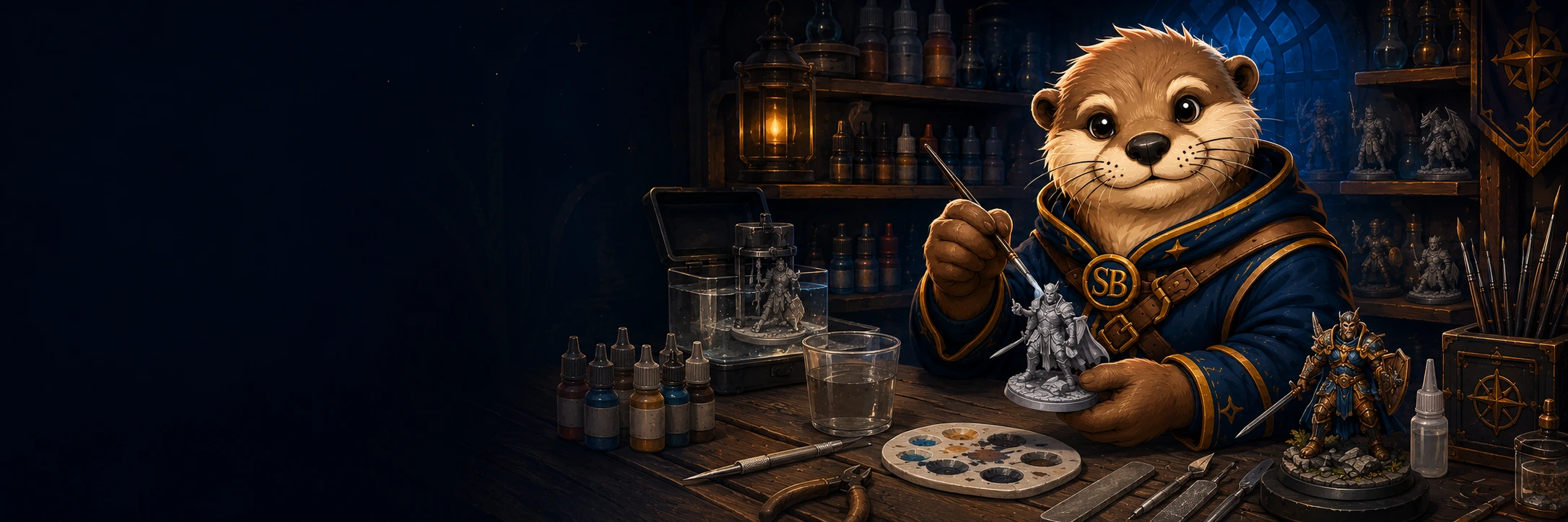 SBMiniatures Otter beim Vorbereiten und Bemalen einer Resin-Miniatur in einer Fantasy-Hobbywerkstatt