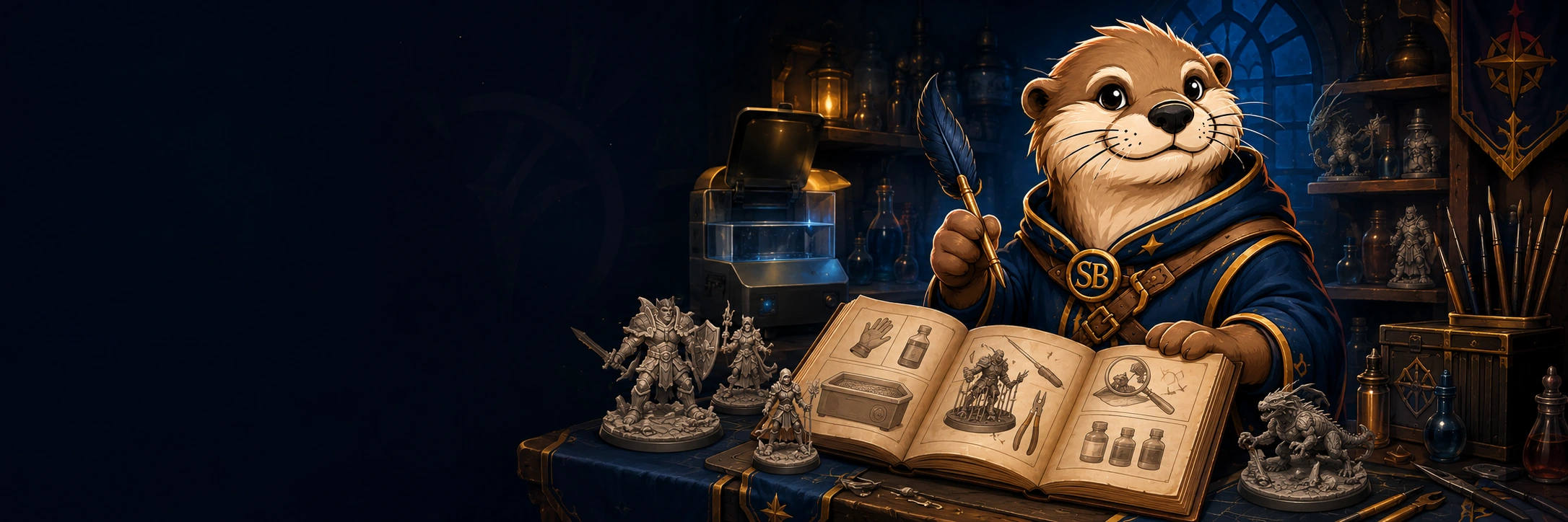 SBMiniatures Otter in einer Fantasy-Werkstatt mit Resin-Drucker, Miniaturen und Nachschlagewerk
