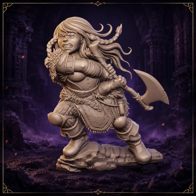 Brunna Wildheart, weibliche Dwarf-Berserkerin mit Streitaxt – Frontansicht