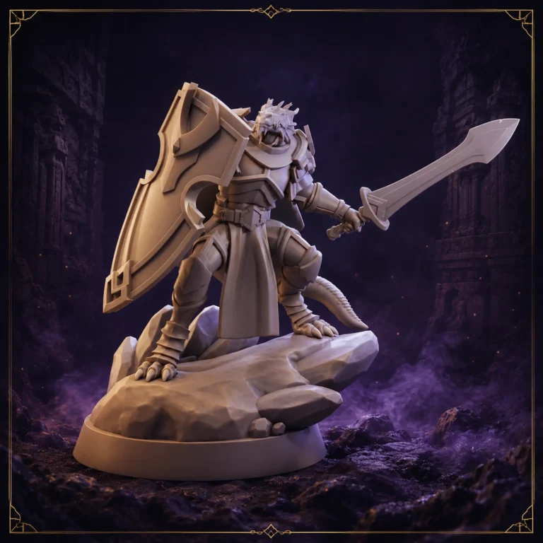 Dragonborn Paladin 32 mm Resin Miniatur mit Schwert und Schild – Vorderansicht