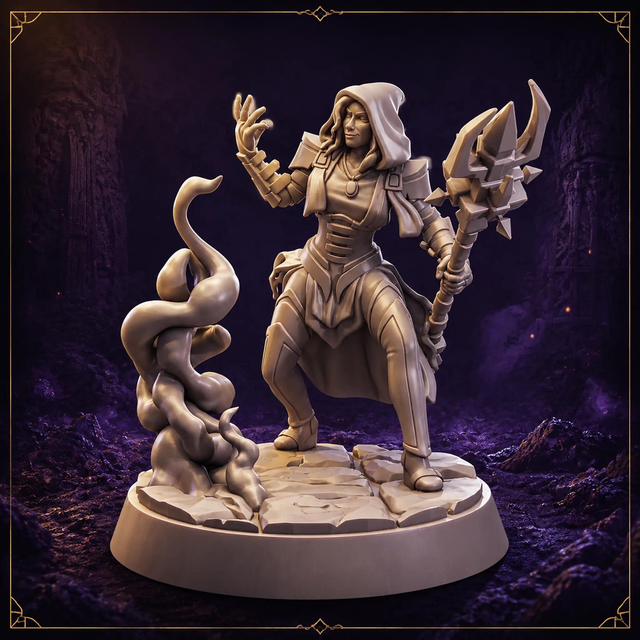 Sybil Tempest Human Warlock 32 mm Resin Miniatur mit arkanem Stab – Vorderansicht