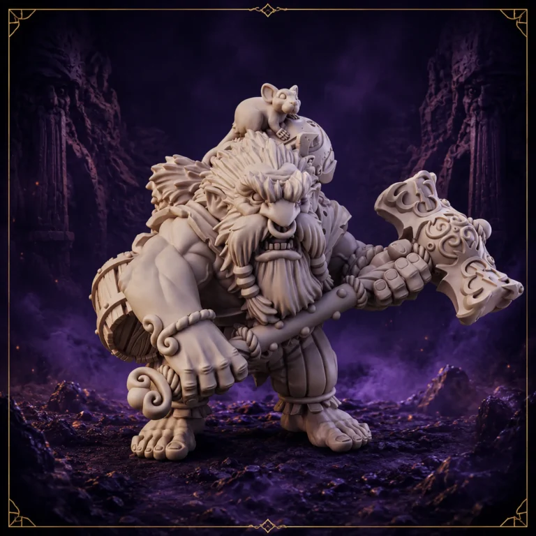 Borik the Hermit Dwarf Hero 32 mm Resin Miniatur mit verziertem Hammer und Mäusebegleiter – Vorderansicht