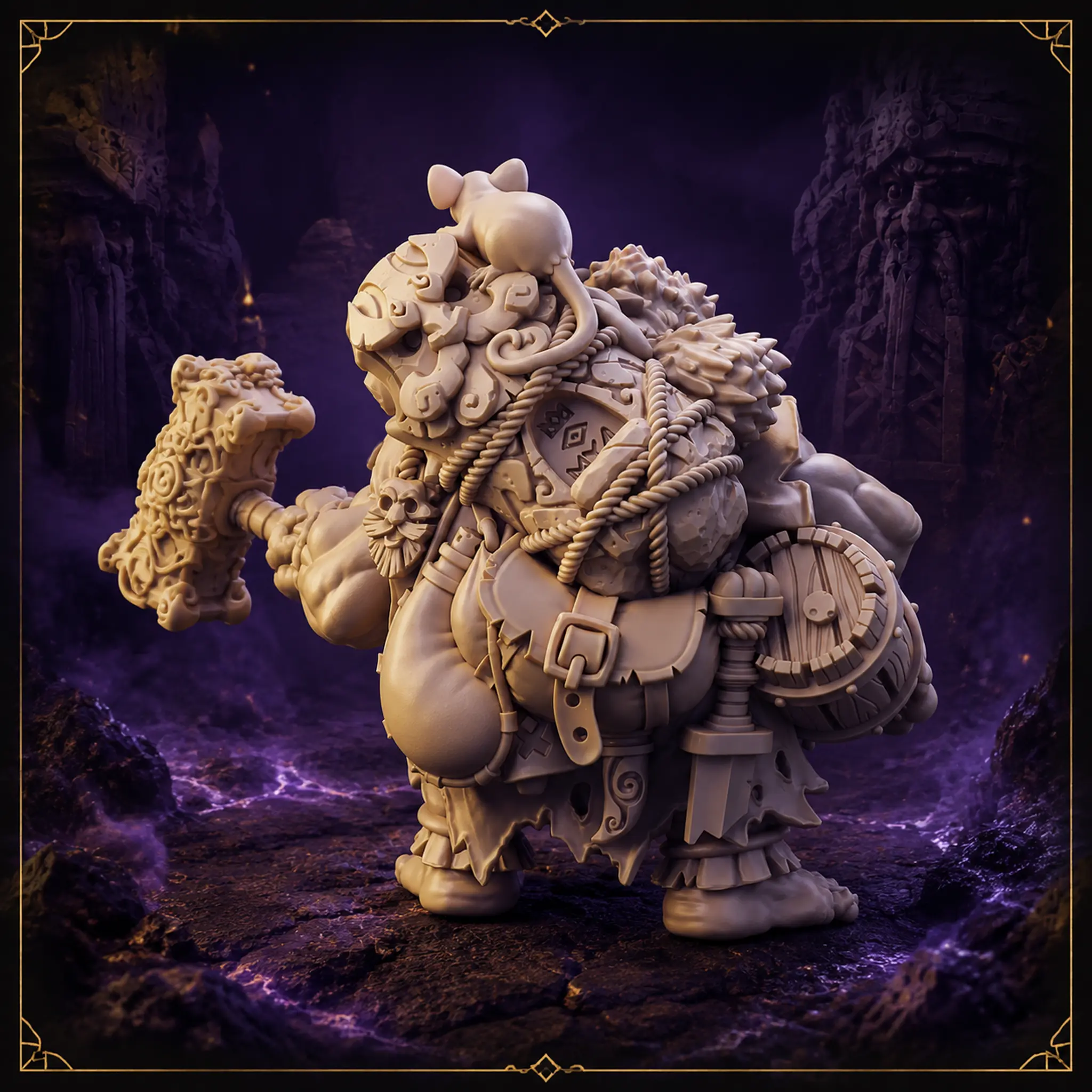 Borik the Hermit Dwarf Hero Resin Miniatur mit Reisegepäck, Hammer und kleinem Mäusebegleiter – Rückansicht