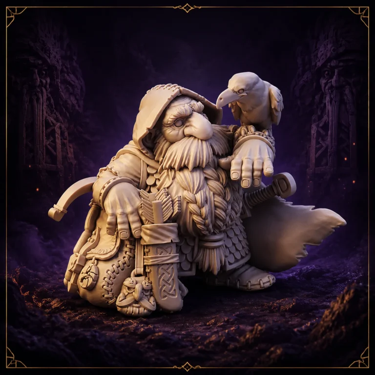 Bardin Iron Crow Sentinel Dwarf Hero 32 mm Resin Miniatur mit Armbrust und Rabenbegleiter – Vorderansicht