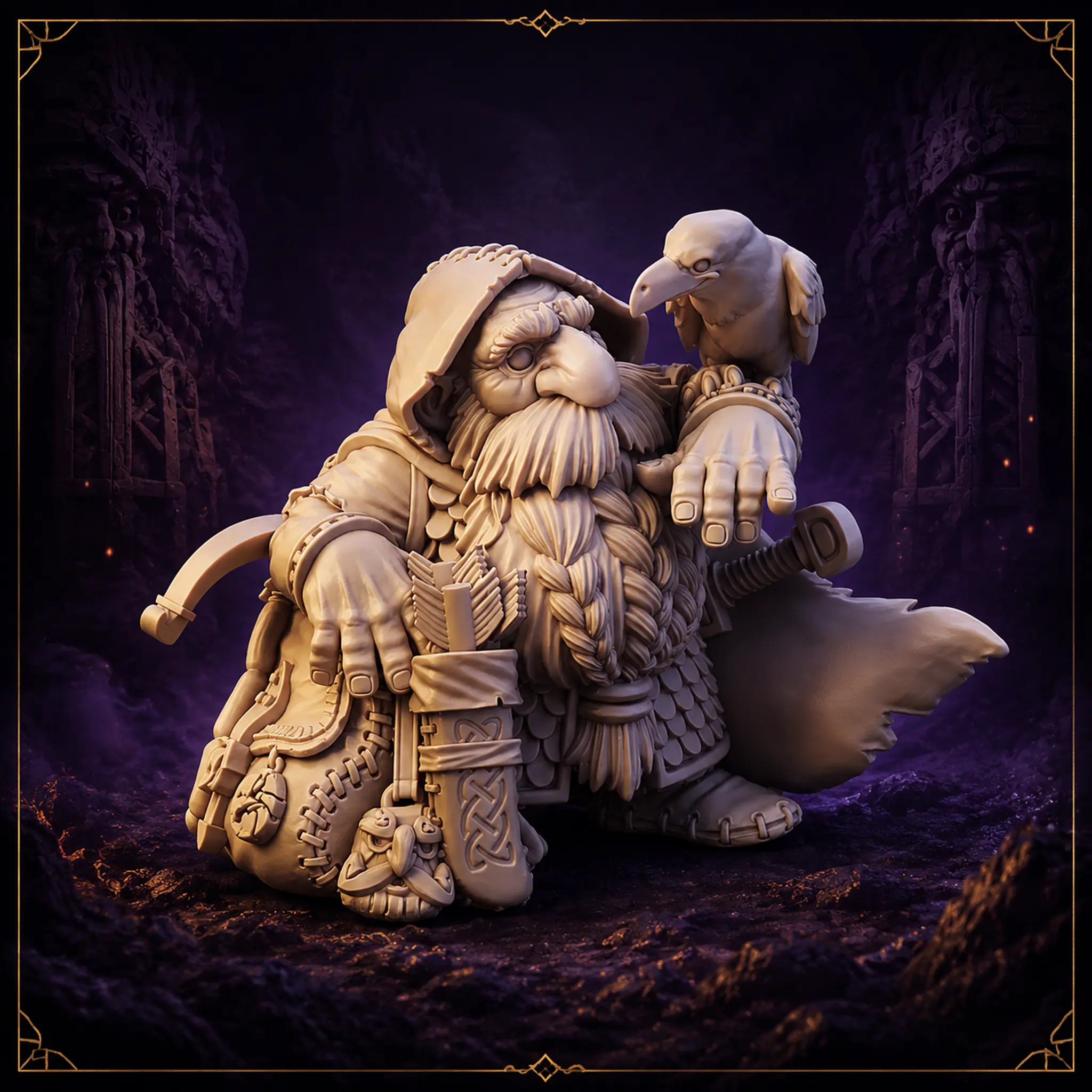 Bardin Iron Crow Sentinel Dwarf Hero 32 mm Resin Miniatur mit Armbrust und Rabenbegleiter – Vorderansicht