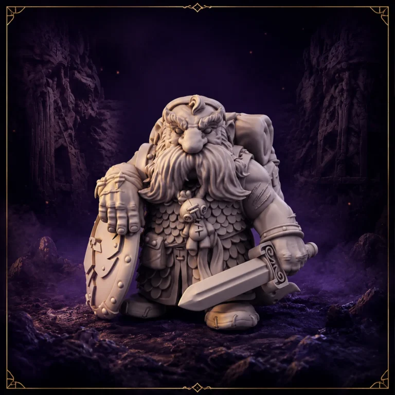 Drum Iron Crow Warrior Dwarf Hero 32 mm Resin Miniatur mit Schwert, Schild und Reiseausrüstung – Vorderansicht