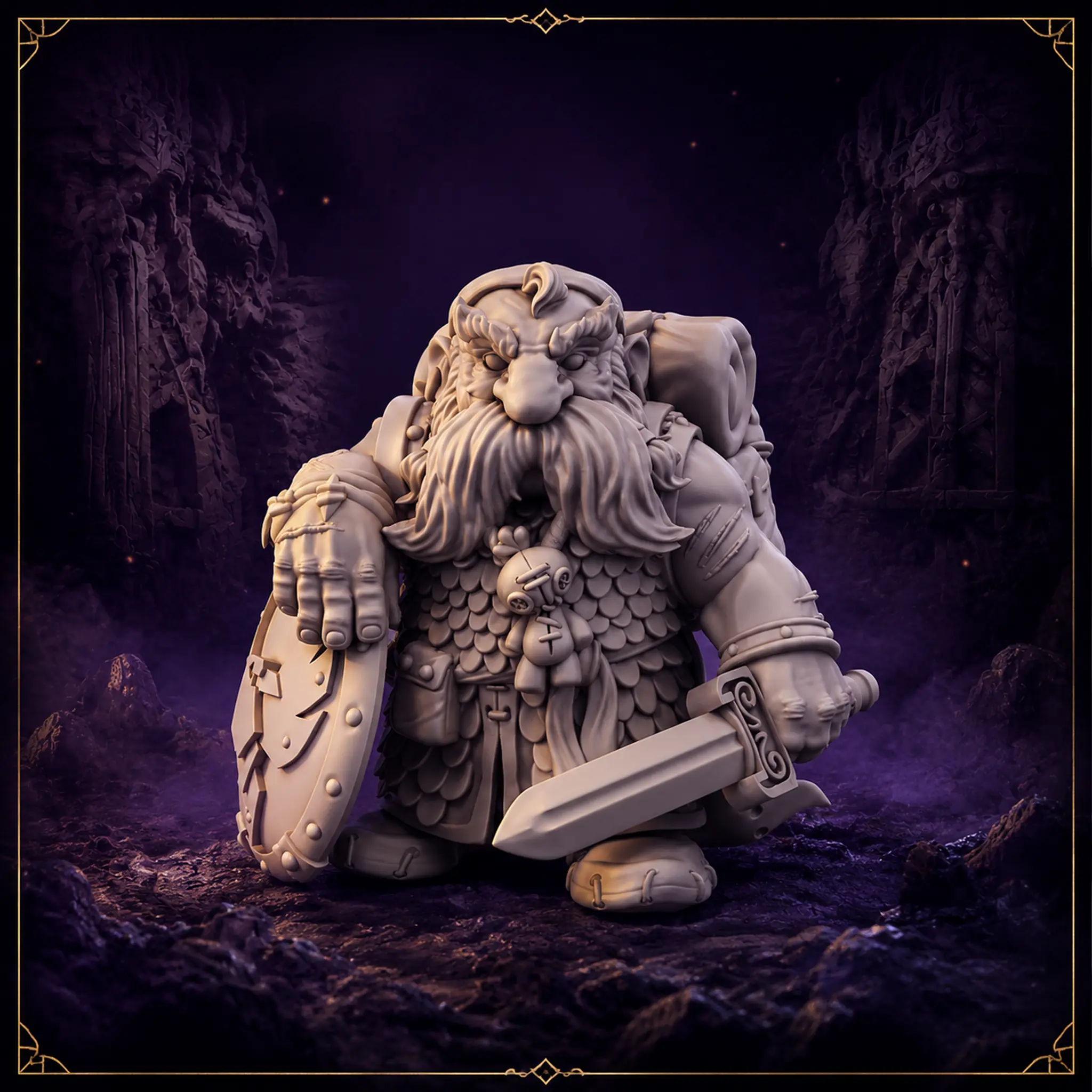 Drum Iron Crow Warrior Dwarf Hero 32 mm Resin Miniatur mit Schwert, Schild und Reiseausrüstung – Vorderansicht