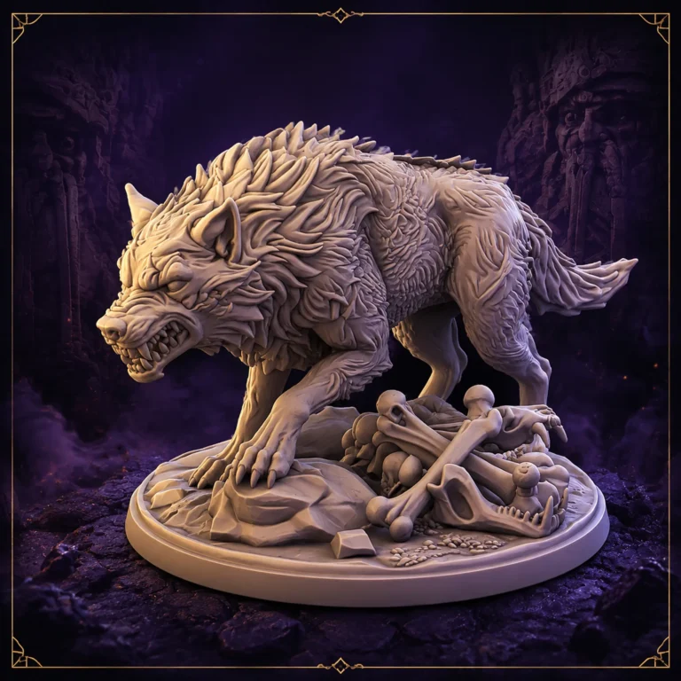 Dire Wolf Fantasy Wolf Monster 32 mm Resin Miniature with bone base – front view