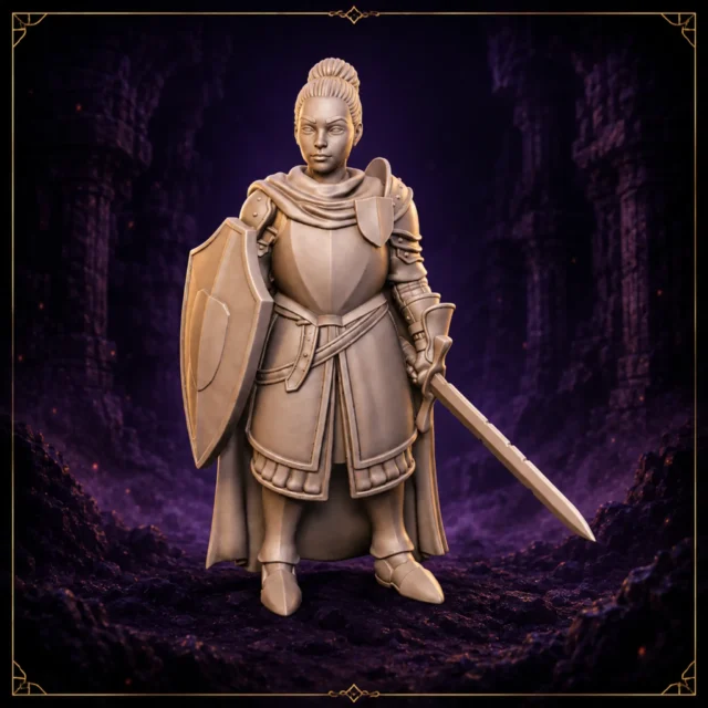 Town Guard Captain 1 Stadtwachen Hauptfrau 32 mm Resin Miniatur mit Schwert und Schild – Vorderansicht