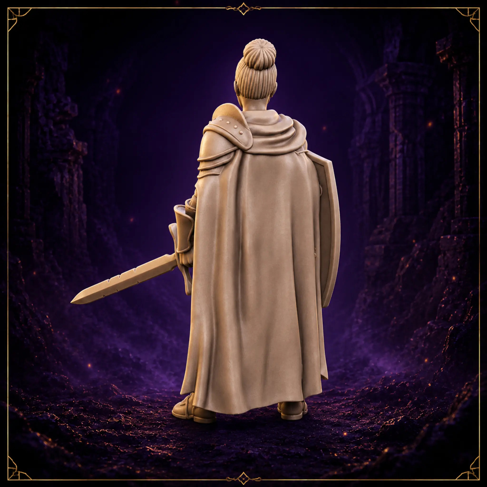 Town Guard Captain 1 Fantasy NPC Resin Miniatur mit Rüstung Schild und langem Umhang – Rückansicht