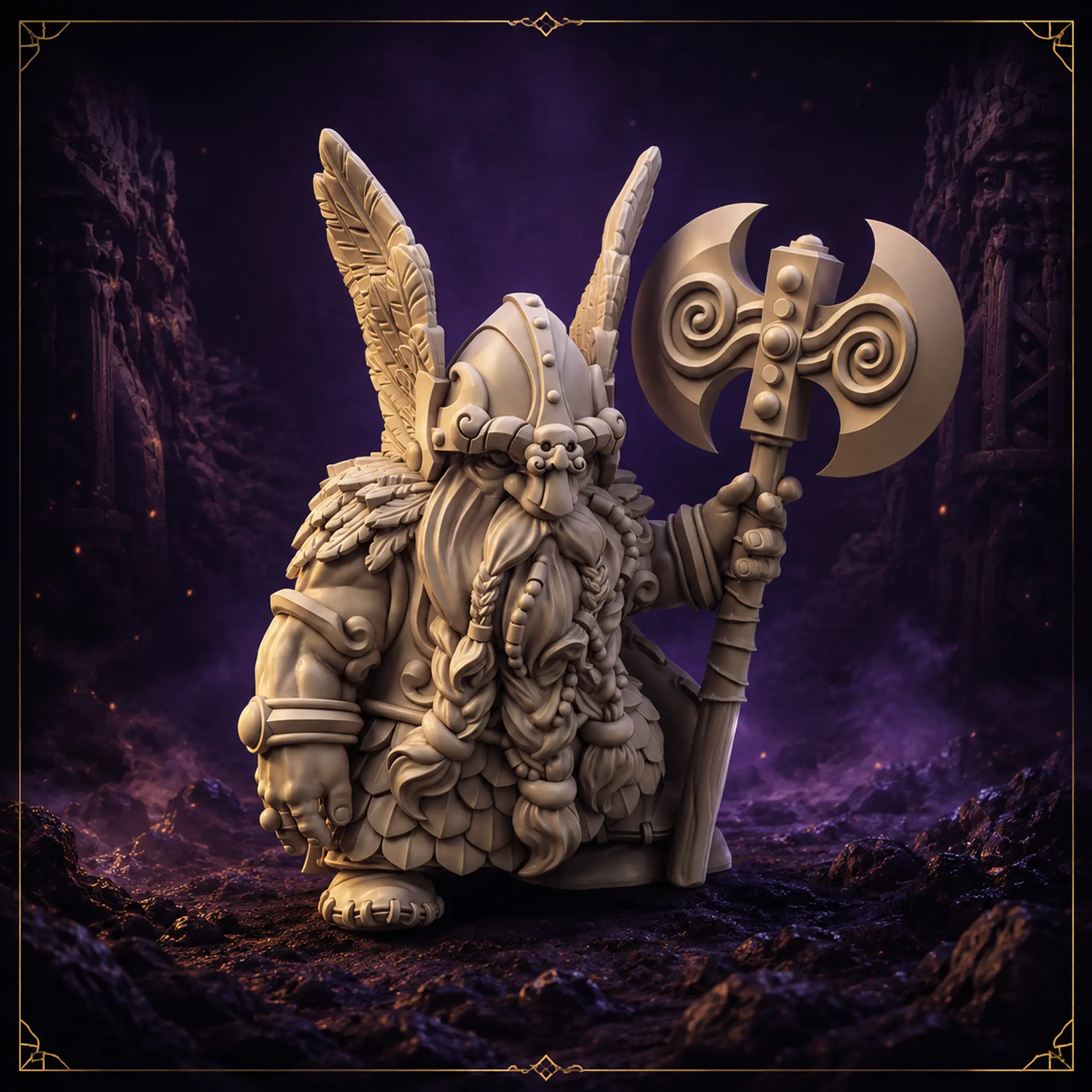 Gunnar Duskwing Dwarf Hero 32 mm Resin Miniatur mit Flügelhelm und Doppelaxt – Vorderansicht
