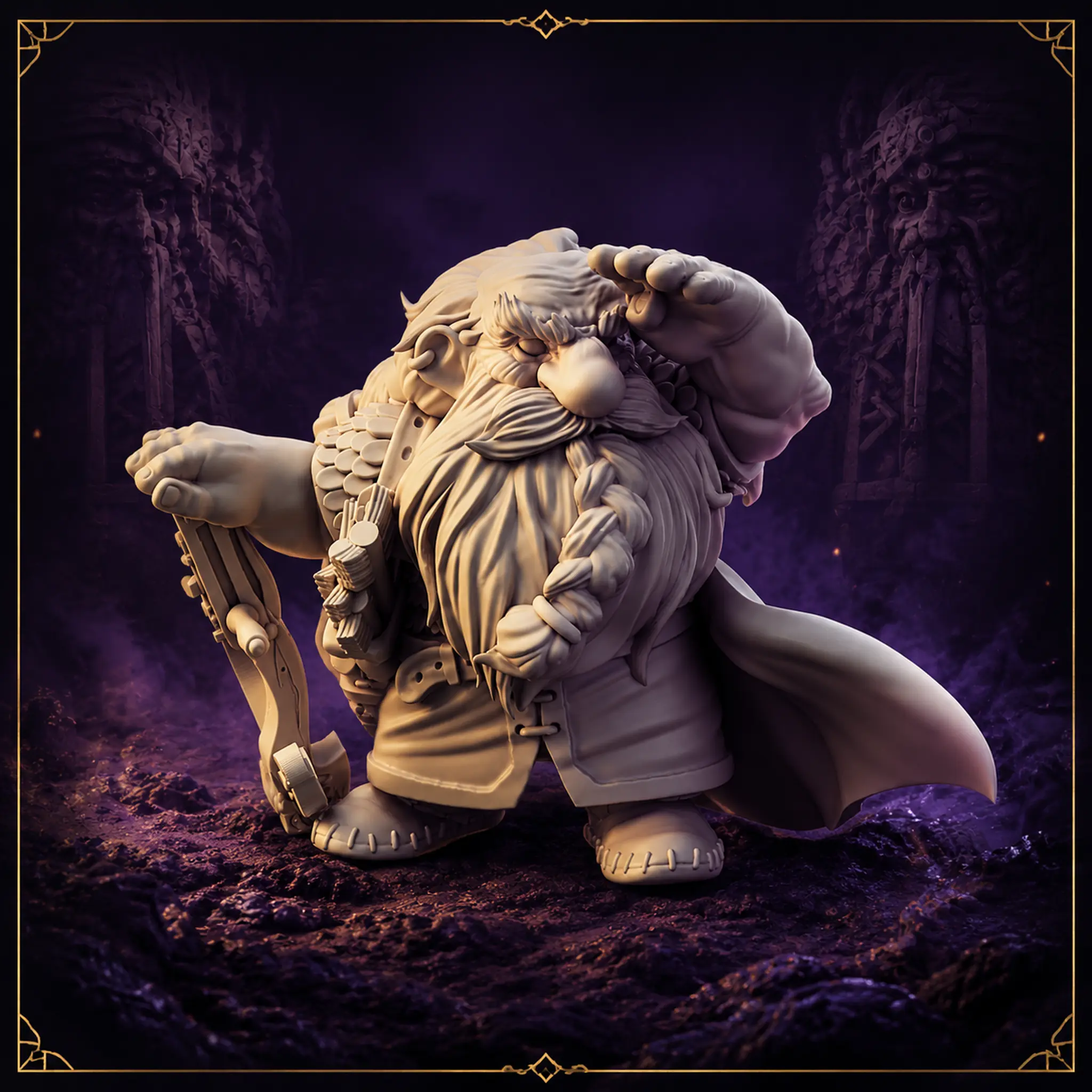Gideon Iron Crow Sentinel Dwarf Hero 32 mm Resin Miniatur mit Armbrust, Reiseausrüstung und Mantel – Vorderansicht