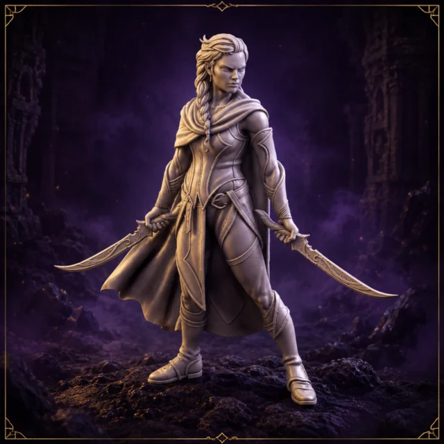 Kaelyra Twinblade – 32 mm Resin Miniatur einer Fantasy-Klingenkämpferin mit zwei geschwungenen Klingen – Vorderansicht