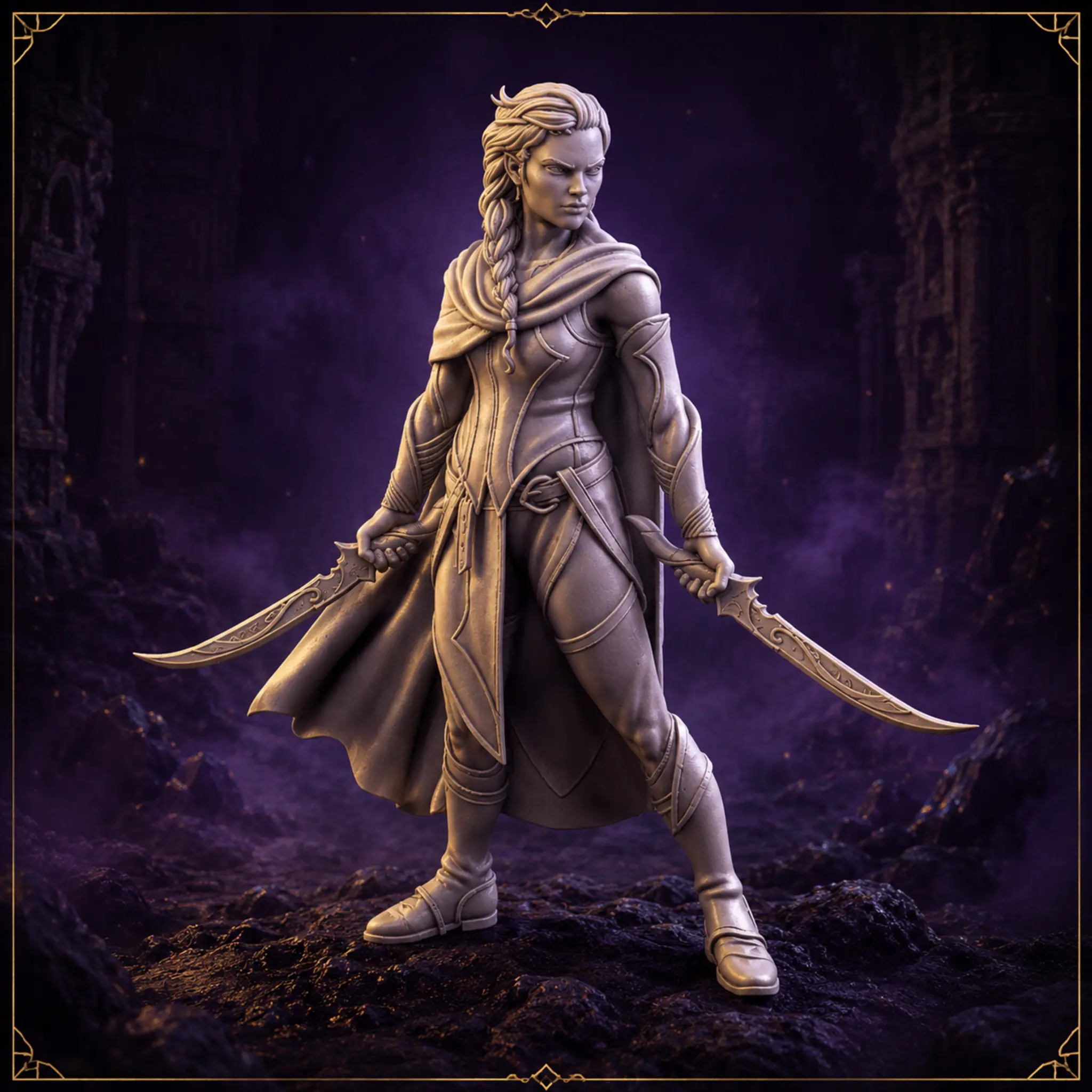 Kaelyra Twinblade – 32 mm Resin Miniatur einer Fantasy-Klingenkämpferin mit zwei geschwungenen Klingen – Vorderansicht