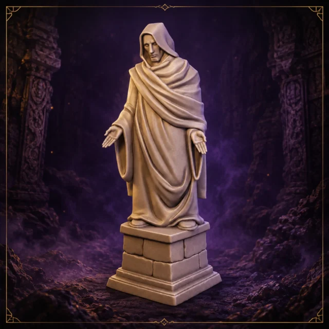 Silent Guardian Statue – verhüllte Fantasy Wächterstatue aus Resin mit Steinsockel – Vorderansicht