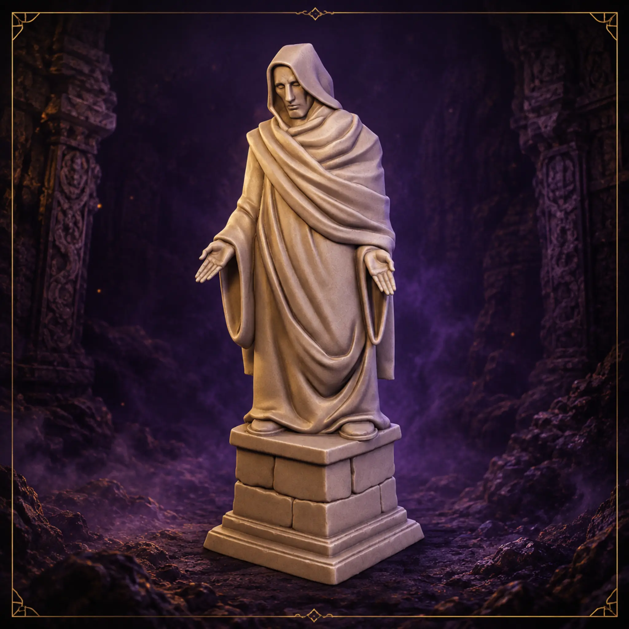 Silent Guardian Statue – verhüllte Fantasy Wächterstatue aus Resin mit Steinsockel – Vorderansicht