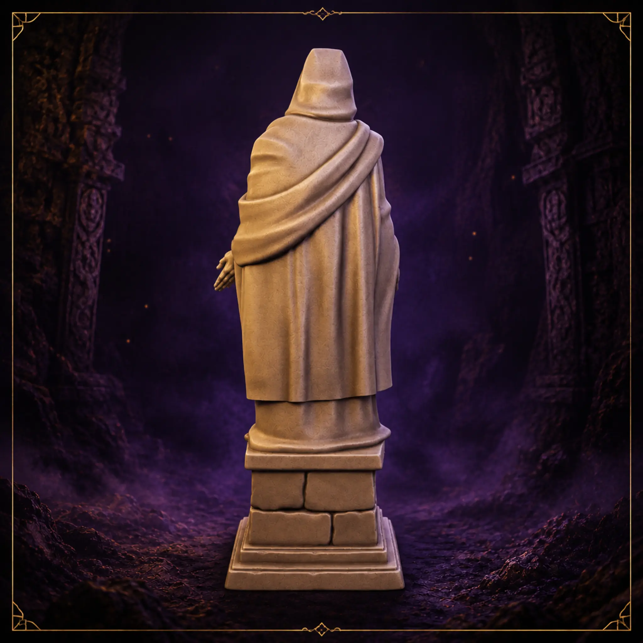 Silent Guardian Statue – 32 mm Fantasy Gelände mit verhüllter Statue und gemauertem Sockel – Rückansicht