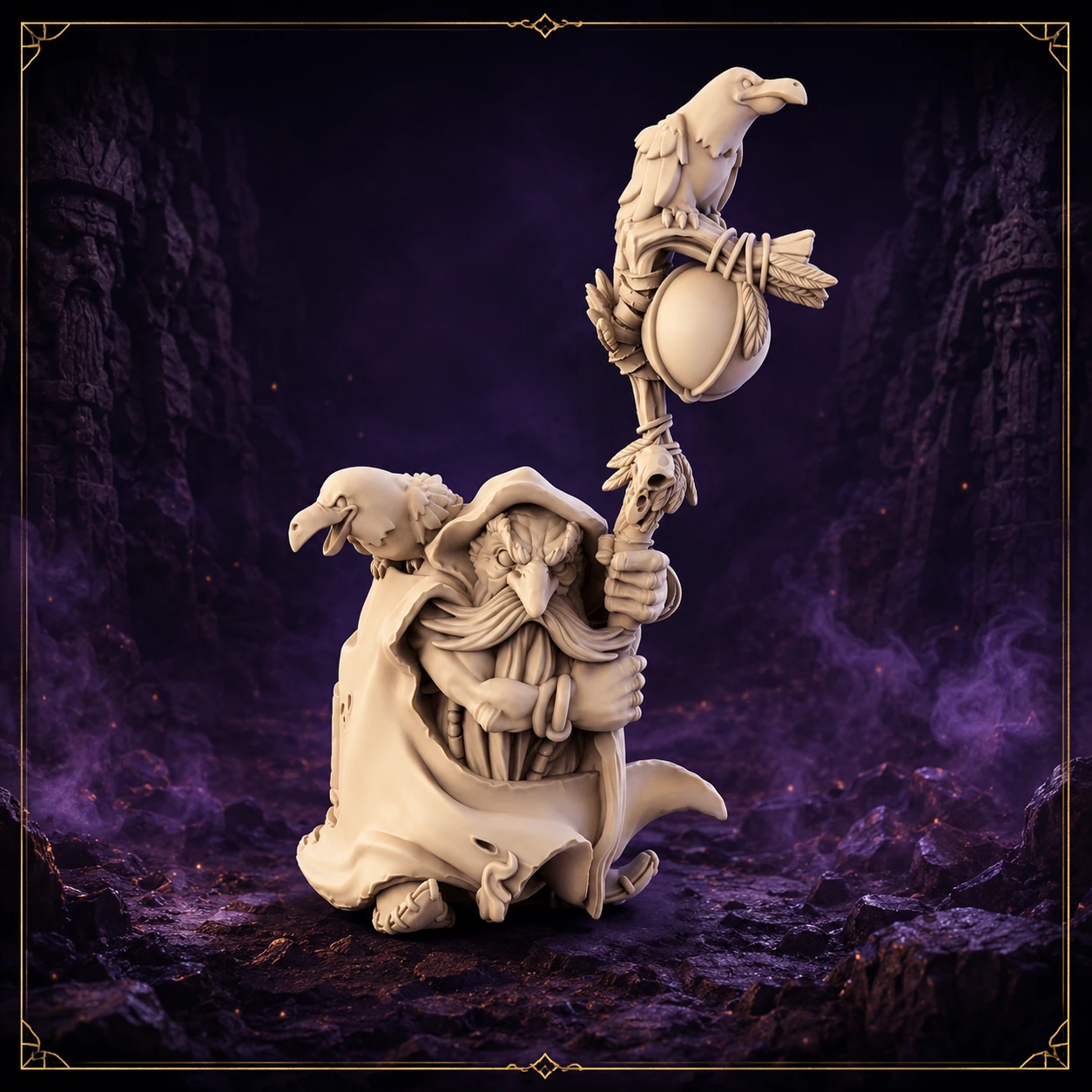 Kragmir the Crowseer Dwarf Seer 32 mm Resin Miniatur mit Raben und mystischem Stab – Vorderansicht