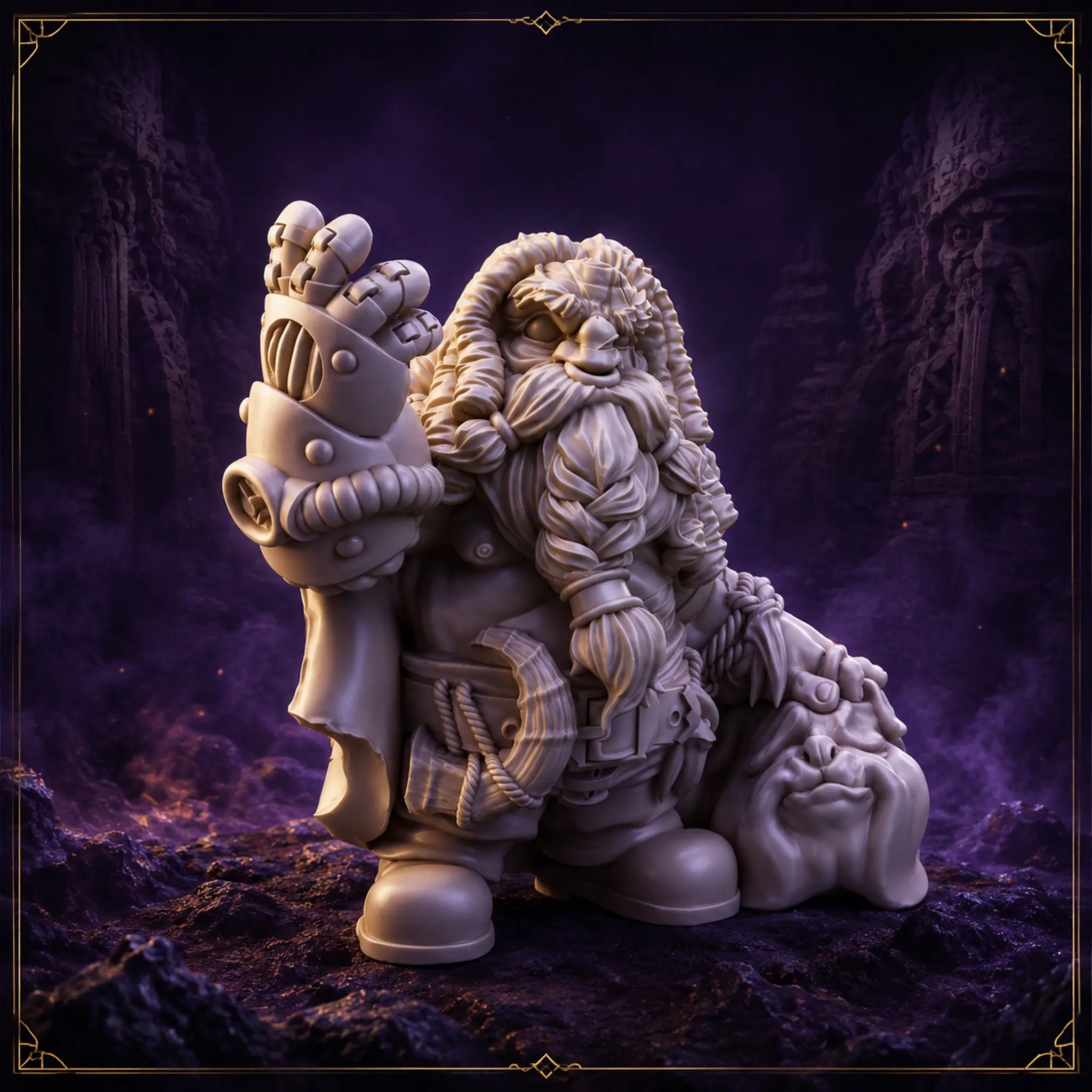 Ludwig Fibursson Dwarf Brawler 32 mm Resin Miniatur mit massivem Panzerhandschuh und Reiseausrüstung – Vorderansicht
