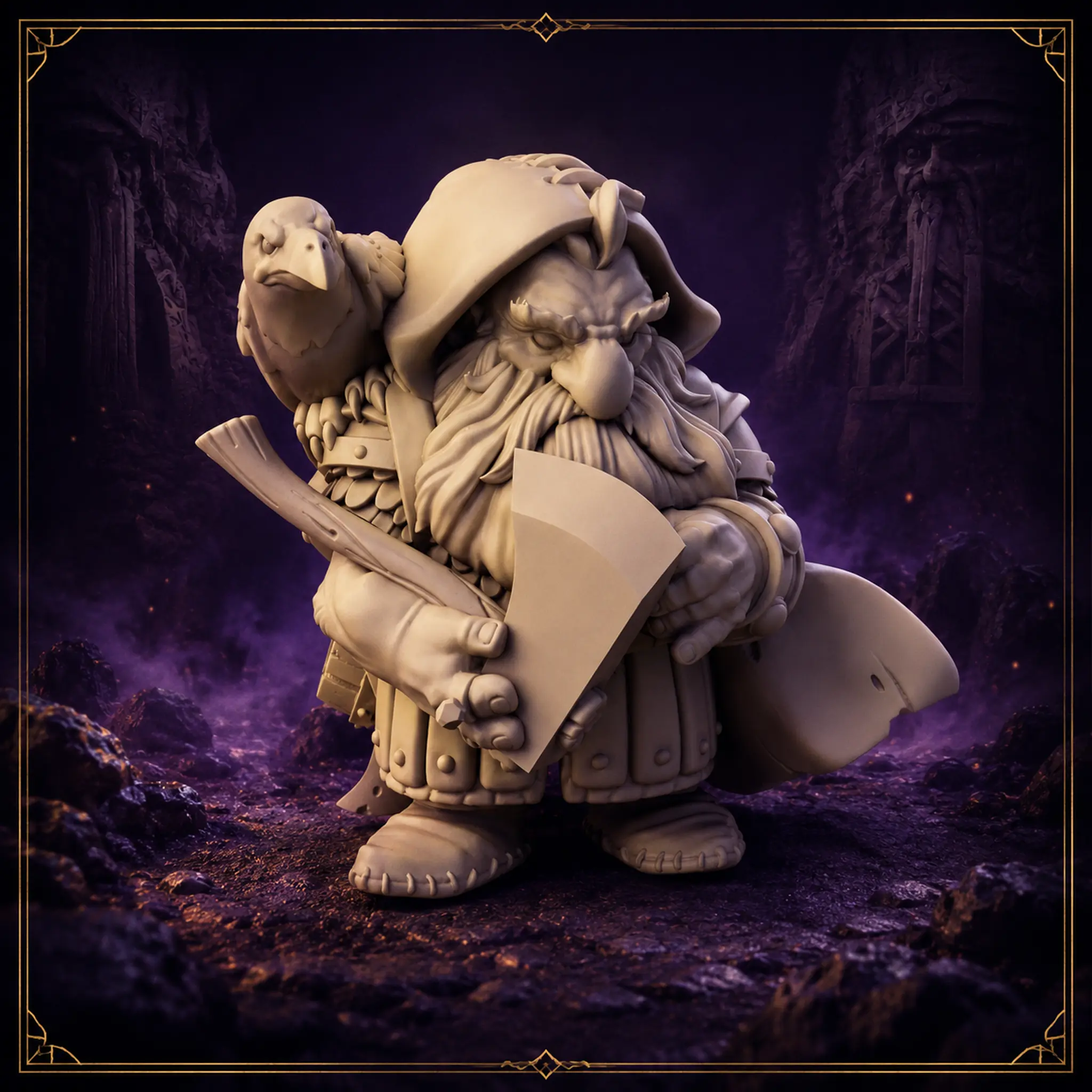 Lorin Iron Crow Sentinel Dwarf Hero 32 mm Resin Miniatur mit Kapuze, Axt und Rabengefährten – Vorderansicht
