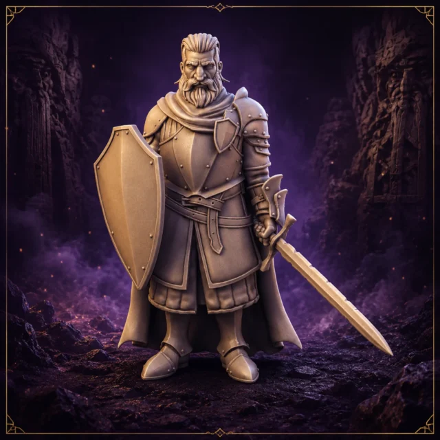 Town Guard Captain 2 Stadtwachen Hauptmann 32 mm Resin Miniatur mit Schwert und Schild – Vorderansicht
