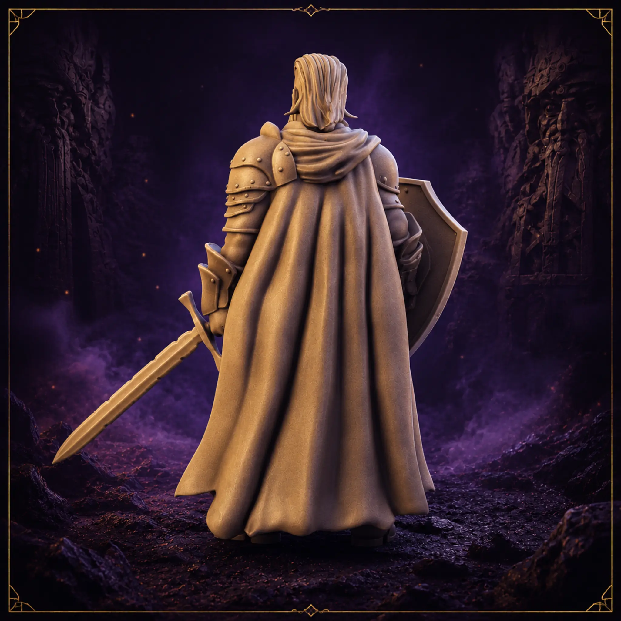 Town Guard Captain 2 Fantasy NPC Resin Miniatur mit Rüstung Schild und langem Umhang – Rückansicht