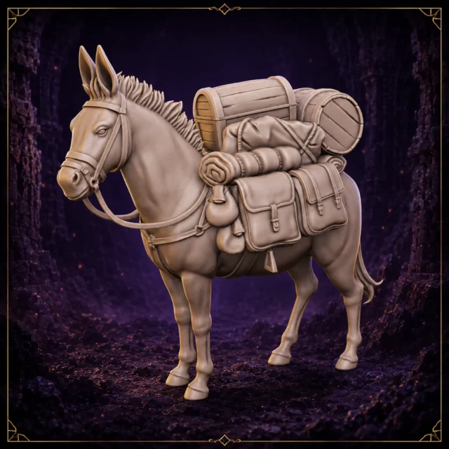 Pack Mule beladenes Lastenmuli 32 mm Resin Miniatur mit Truhen Fässern und Reisegepäck – Vorderansicht
