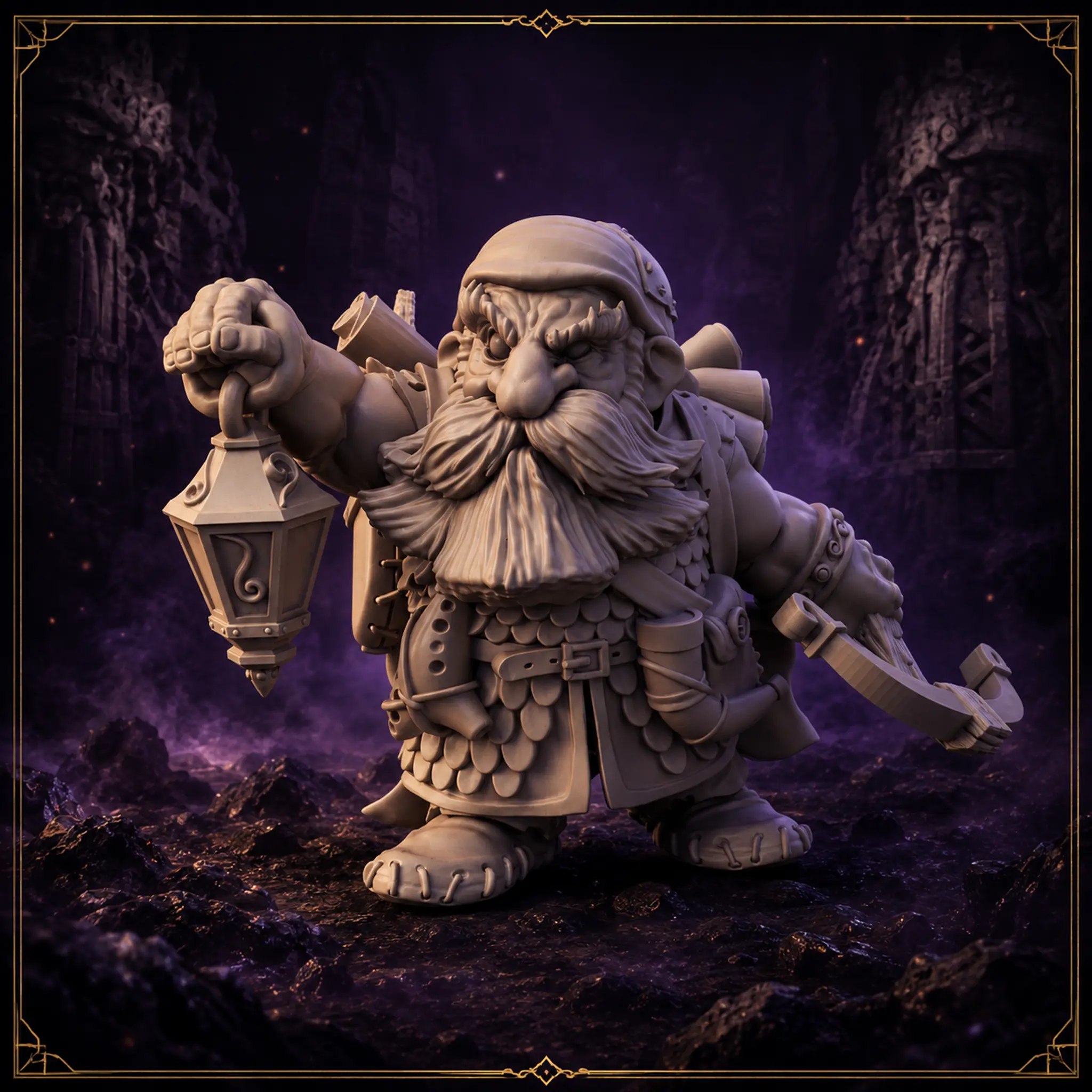 Ragnus Iron Crow Sentinel Dwarf Hero 32 mm Resin Miniatur mit Laterne, Fernkampfwaffe und Reiseausrüstung – Vorderansicht