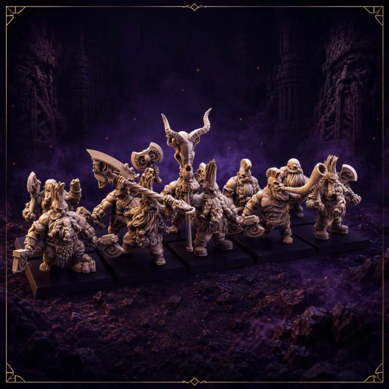 Renegade Berserkers – 10 Dwarf Berserkers als 32 mm Resin Einheit mit Äxten, Schilden und Totem – Gruppenansicht