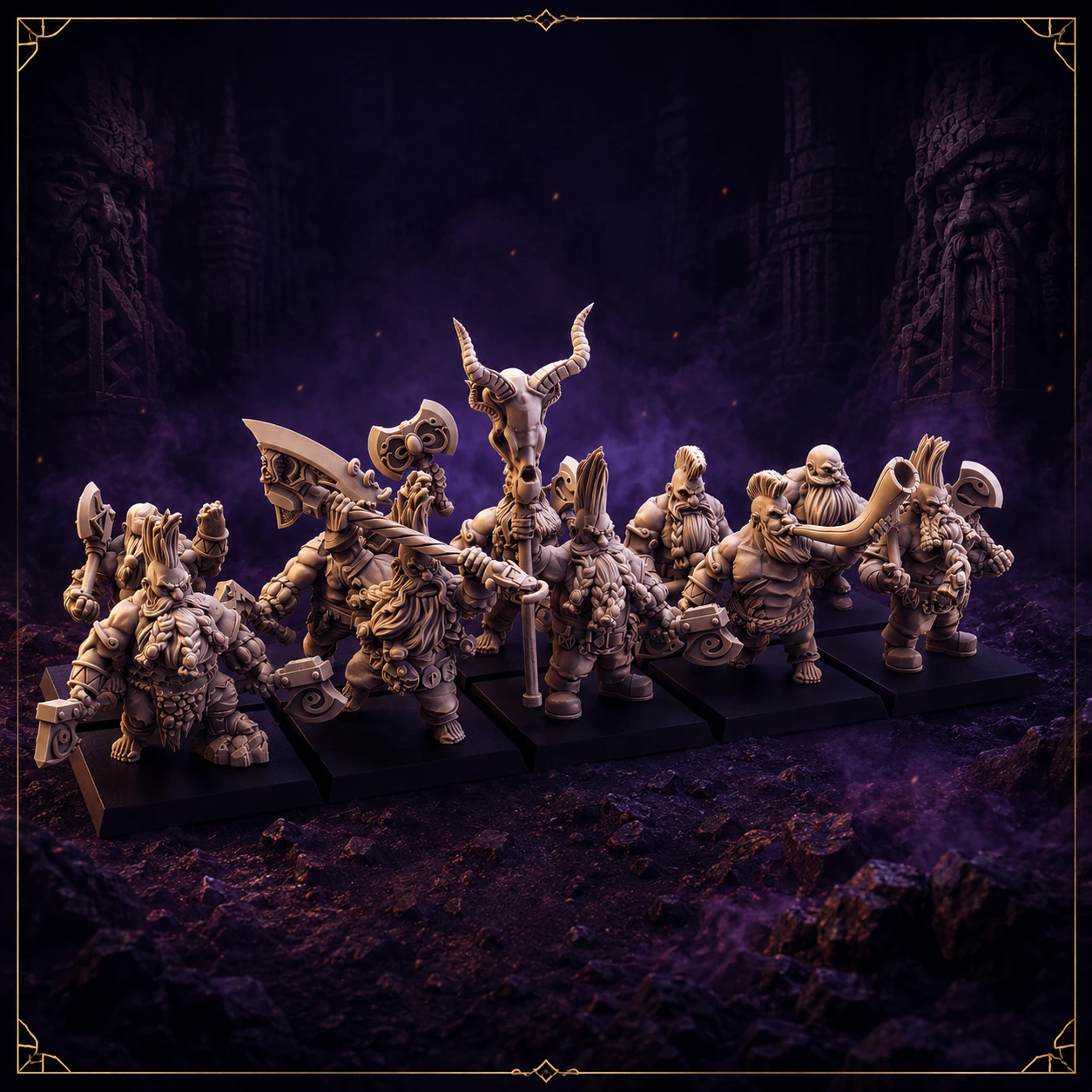 Renegade Berserkers – 10 Dwarf Berserkers als 32 mm Resin Einheit mit Äxten, Schilden und Totem – Gruppenansicht