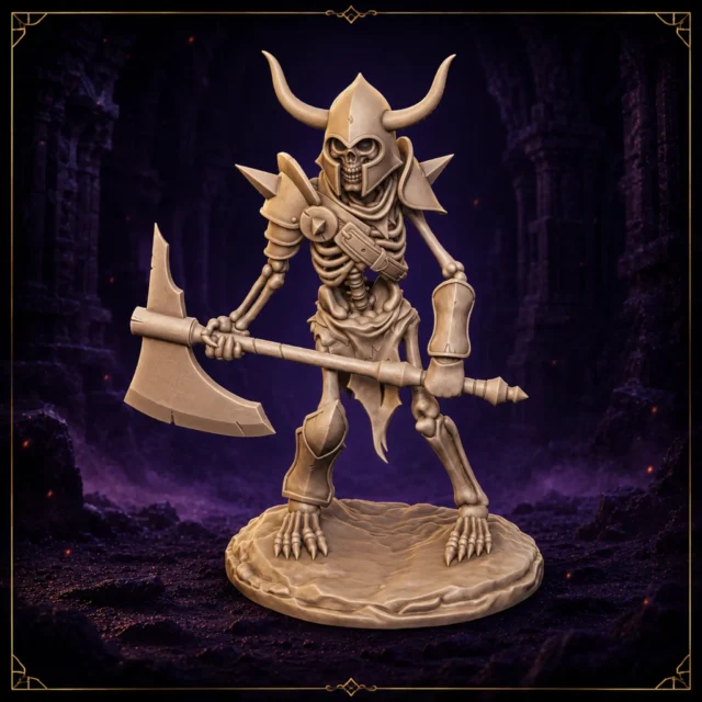 Gravecleaver Reaver Skelettkrieger 32 mm Resin Miniatur mit Zweihandaxt und gehörntem Helm – Vorderansicht