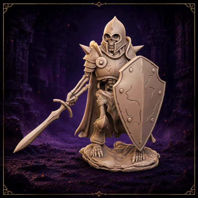 Graveguard Sentinel Skelettkrieger 32 mm Resin Miniatur mit Schwert und Schild – Vorderansicht