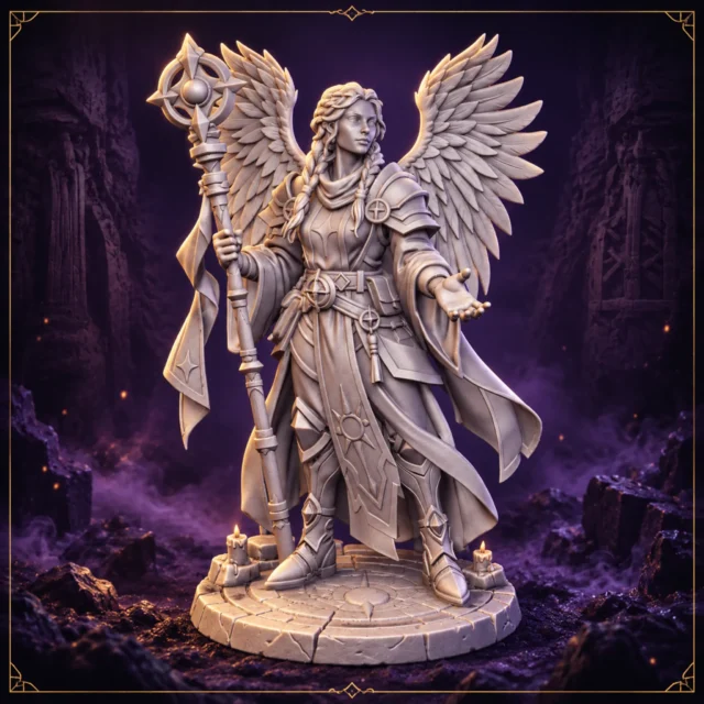Seraphina Lightbearer Aasimar Klerikerin 32 mm Resin Miniatur mit Flügeln und heiligem Stab – Vorderansicht