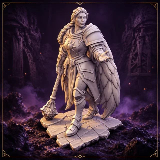Caelira Dawnwing Aasimar Paladin 32 mm Resin Miniatur mit Federschwingen und Streitkolben – Vorderansicht