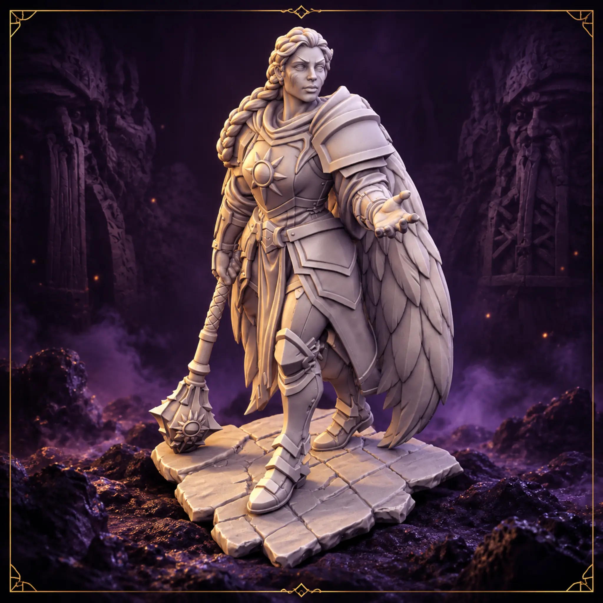 Caelira Dawnwing Aasimar Paladin 32 mm Resin Miniatur mit Federschwingen und Streitkolben – Vorderansicht