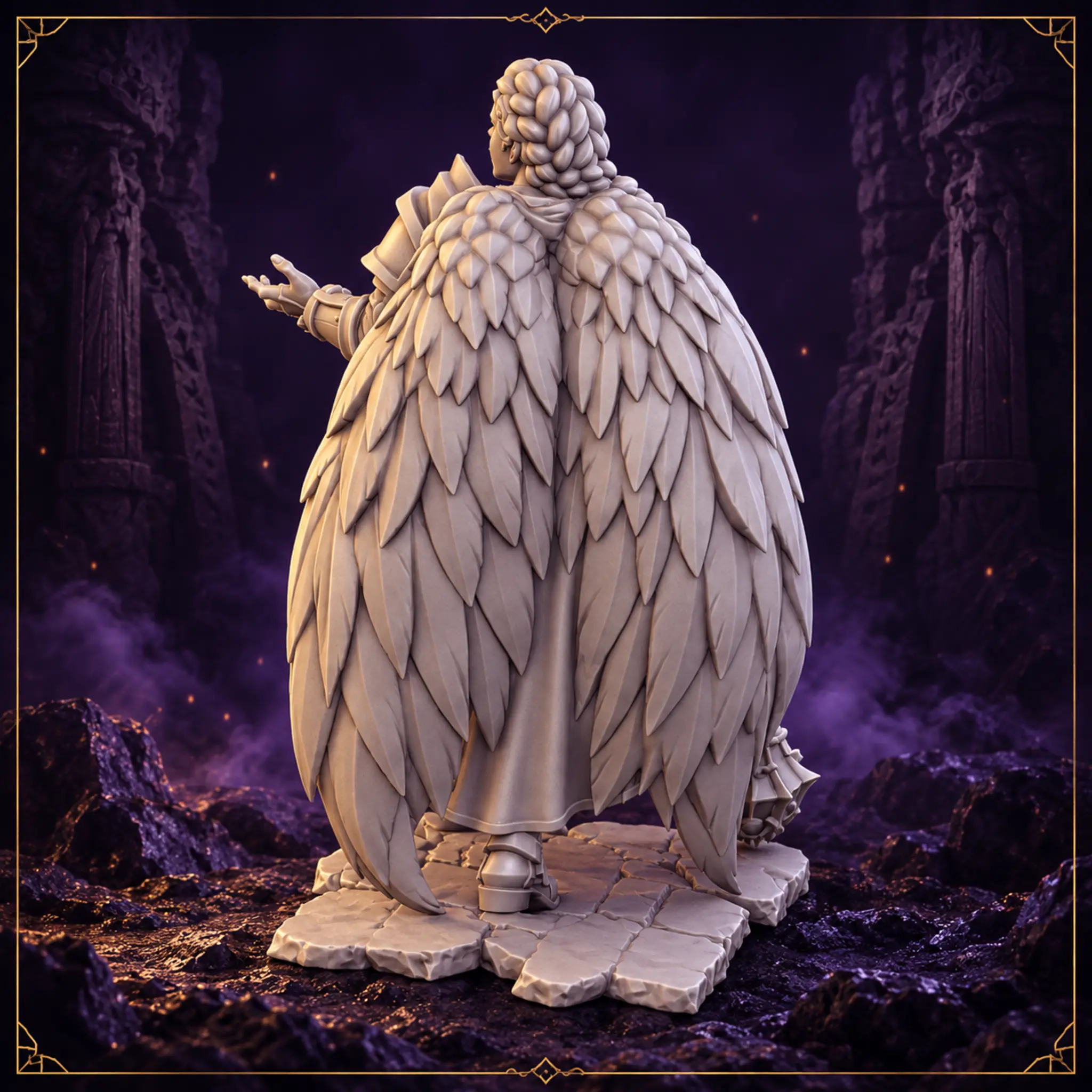 Caelira Dawnwing Aasimar Paladin Resin Miniatur mit großer gefiederter Schwingenpartie – Rückansicht