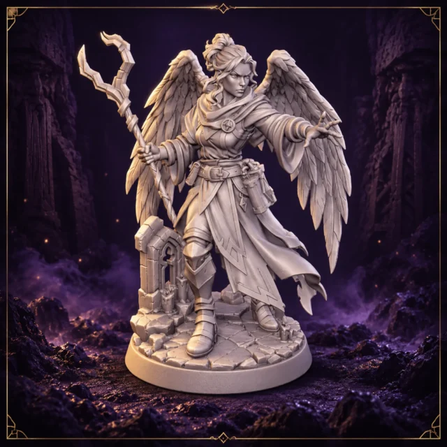 Seraphyne Dawnveil Aasimar Zauberin Resin Miniatur mit Flügeln und Zauberstab – Vorderansicht
