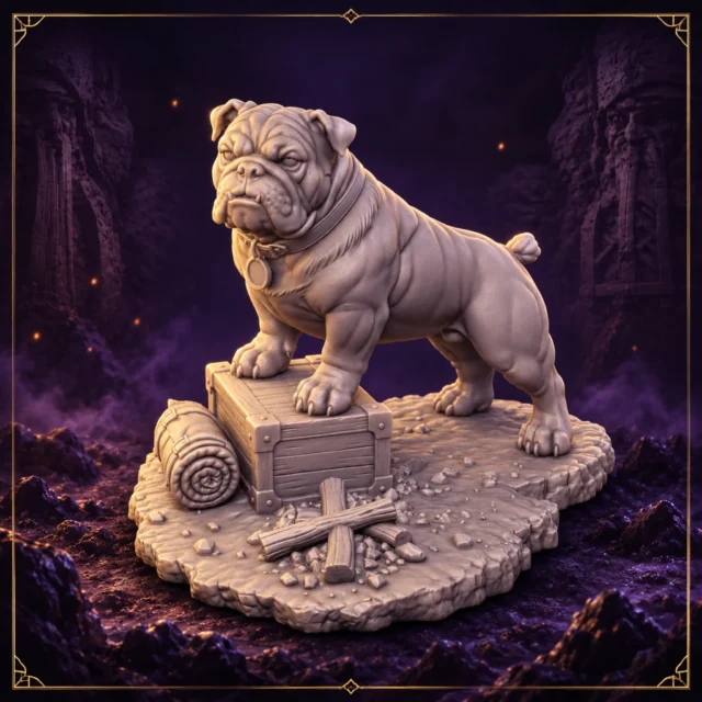 Bulldog Companion – 32 mm Resin Miniatur auf scenic Base mit Kiste – Vorderansicht