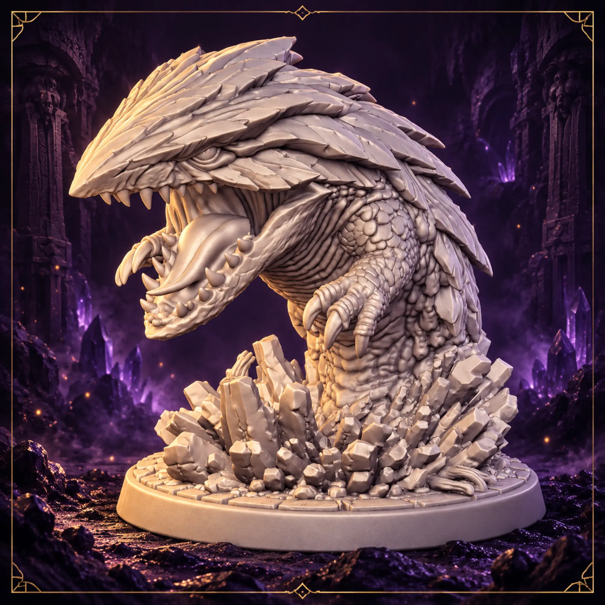 Gravelmaw Landhai 32 mm Resin Miniatur bricht aus kristallinem Fels hervor – Vorderansicht