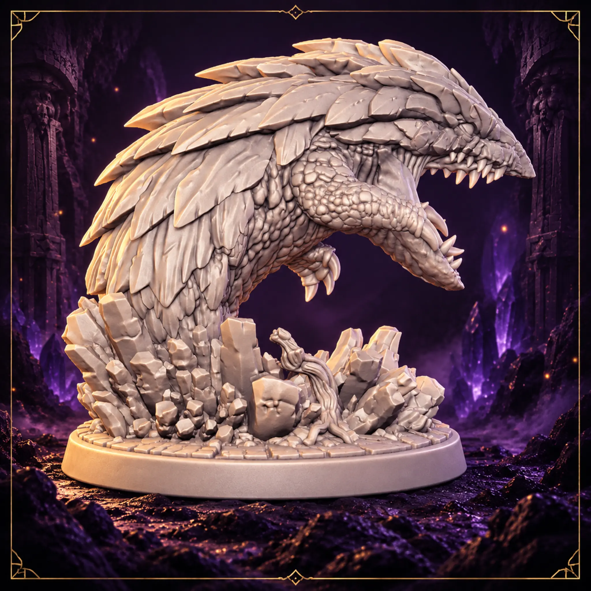 Gravelmaw Landhai Resin Miniatur mit geschupptem Panzer und Fels-Base – Seitenansicht