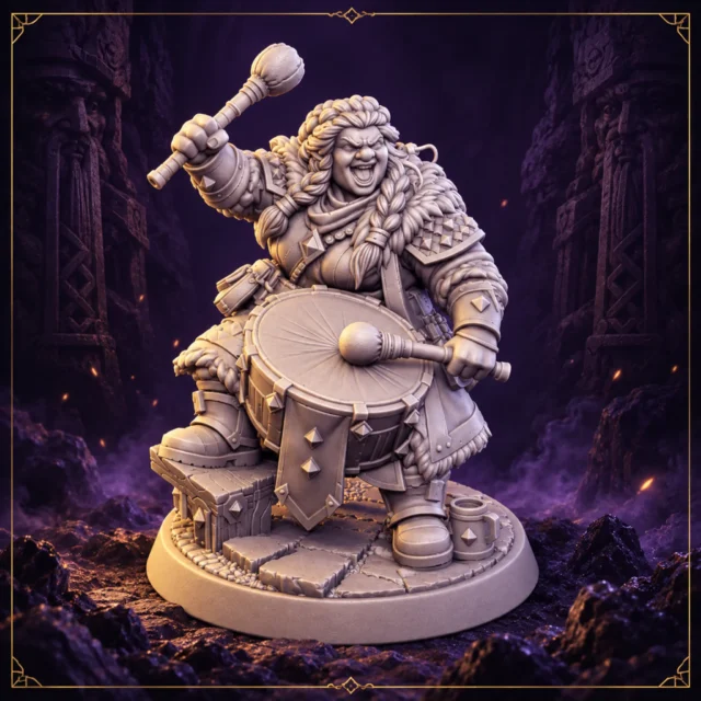 Brunna Thunderbeat Zwergin Bardin Resin Miniatur mit Kriegstrommel – Vorderansicht