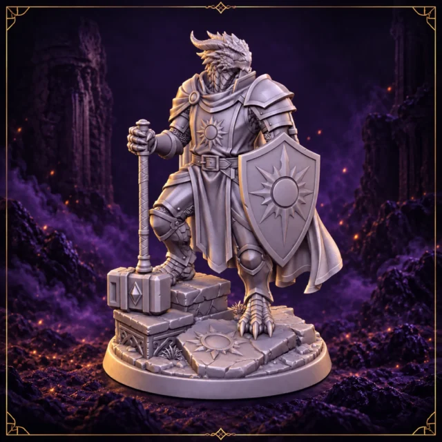 Aurex Dawnscale Dragonborn Paladin 32 mm Resin Miniatur mit Kriegshammer Sonnenschild und scenic Base – Vorderansicht