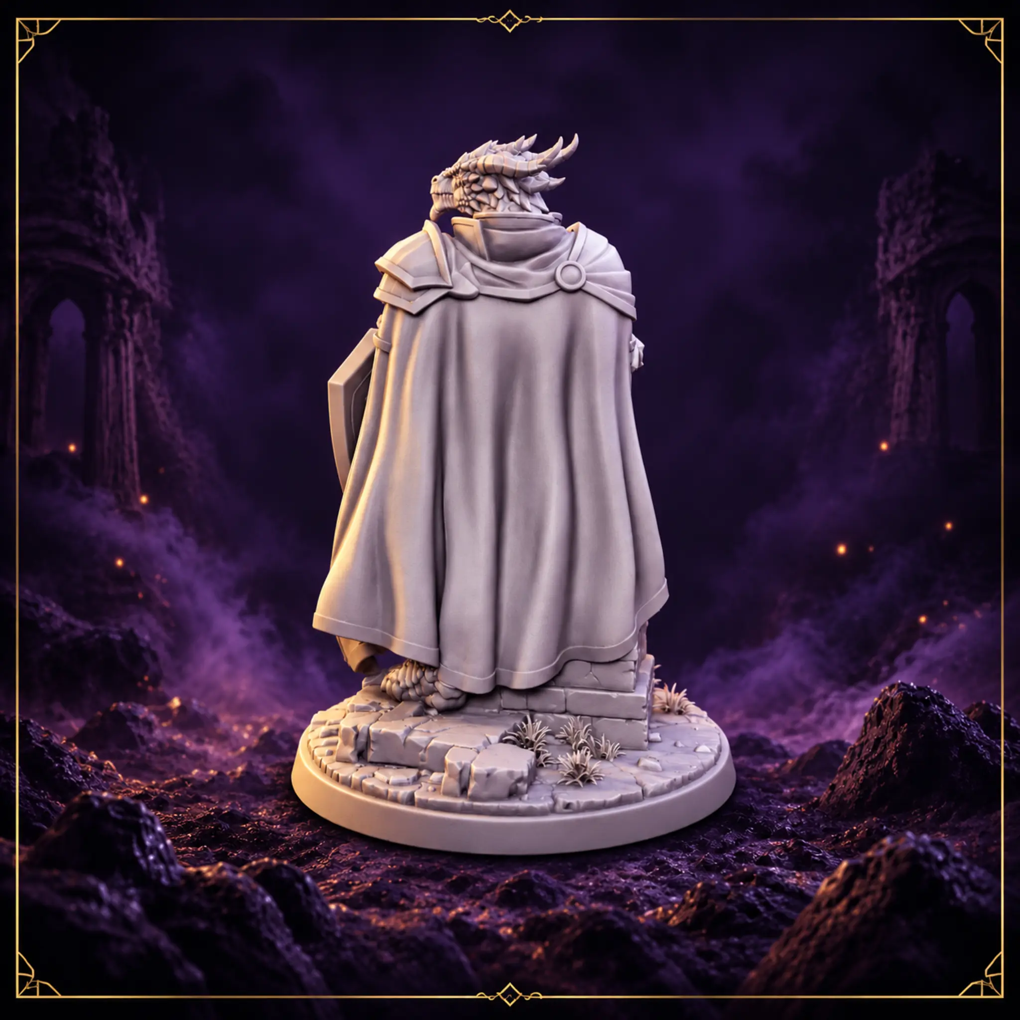 Aurex Dawnscale Dragonborn Paladin Resin Miniatur mit schwerer Rüstung Umhang und scenic Base – Rückansicht