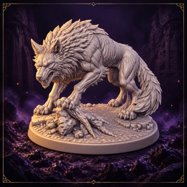 Skarn Nightmaw Dire Wolf 32 mm Resin Miniatur mit aggressiver Pose und scenic Base – Vorderansicht