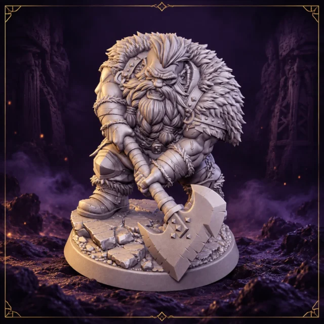 Brokvar Ironfury Zwergen Berserker Resin Miniatur mit Zweihandaxt – Vorderansicht